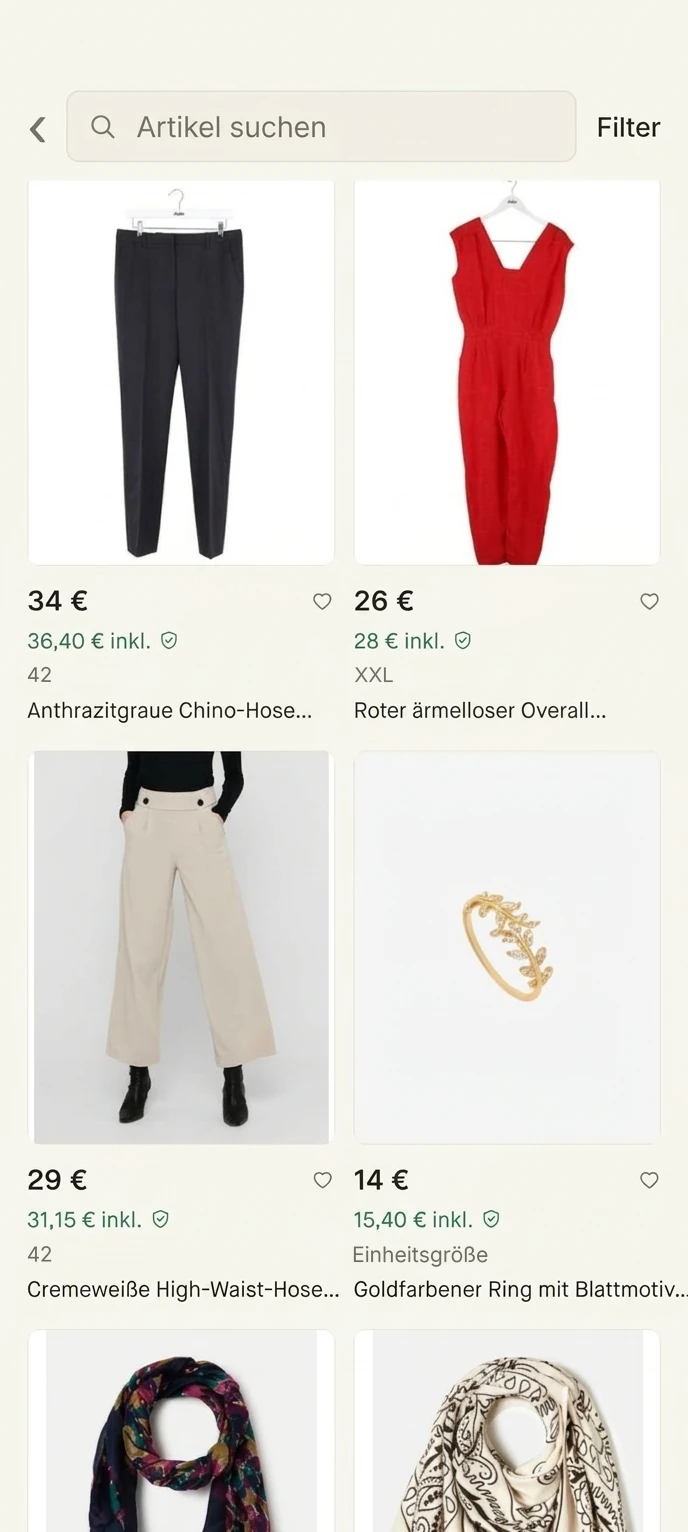 Suchbildschirm des Shops mit Artikeln