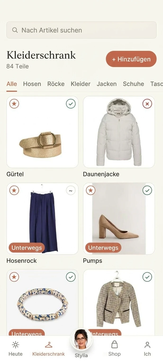 Bildschirm „Kleiderschrank“ in der Stylkyn-App: die Teile deines Kleiderschranks