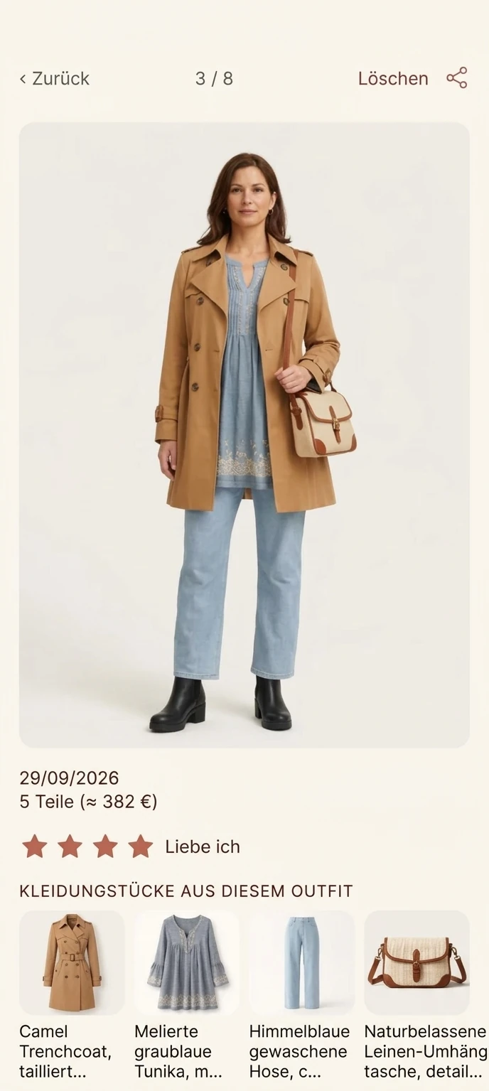Anprobe-Bildschirm mit einem Outfit aus fünf Teilen in der Stylkyn-App