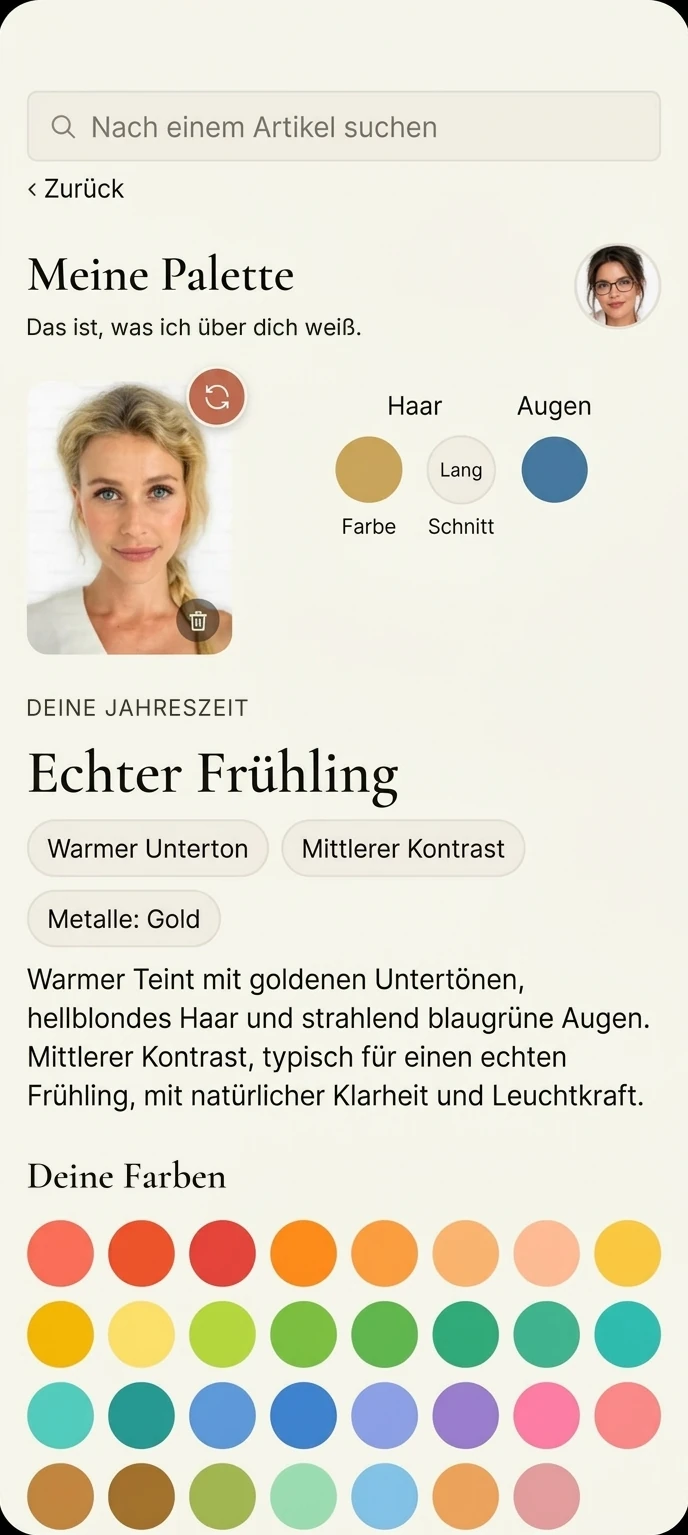 Bildschirm „Meine Palette“ in der App: Saison Reiner Frühling, warmer Unterton, mittlerer Kontrast und Farbpalette