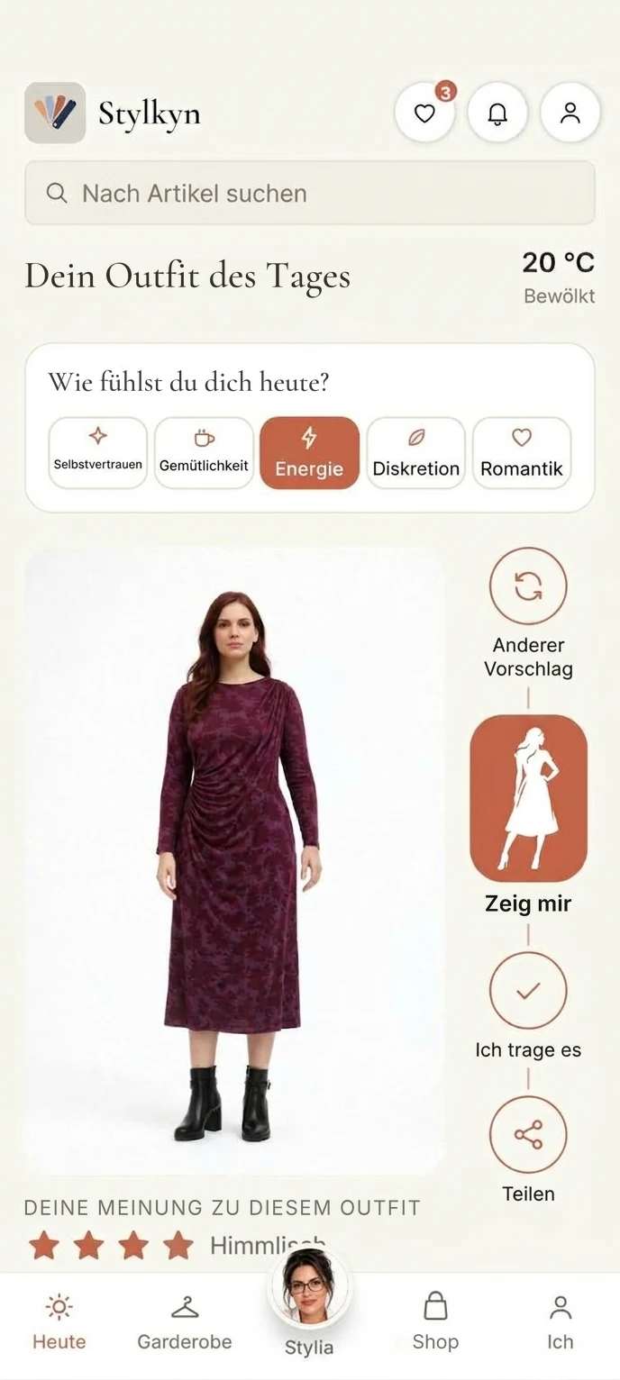 Bildschirm „Dein Outfit des Tages“ in der Stylkyn-App