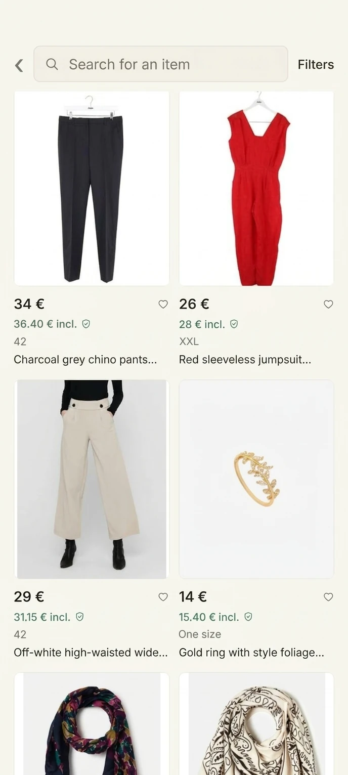 Shop search screen with listings