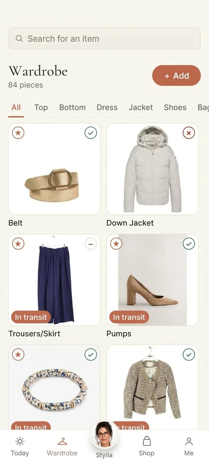 “Wardrobe” screen in the Stylkyn app: the pieces in your wardrobe