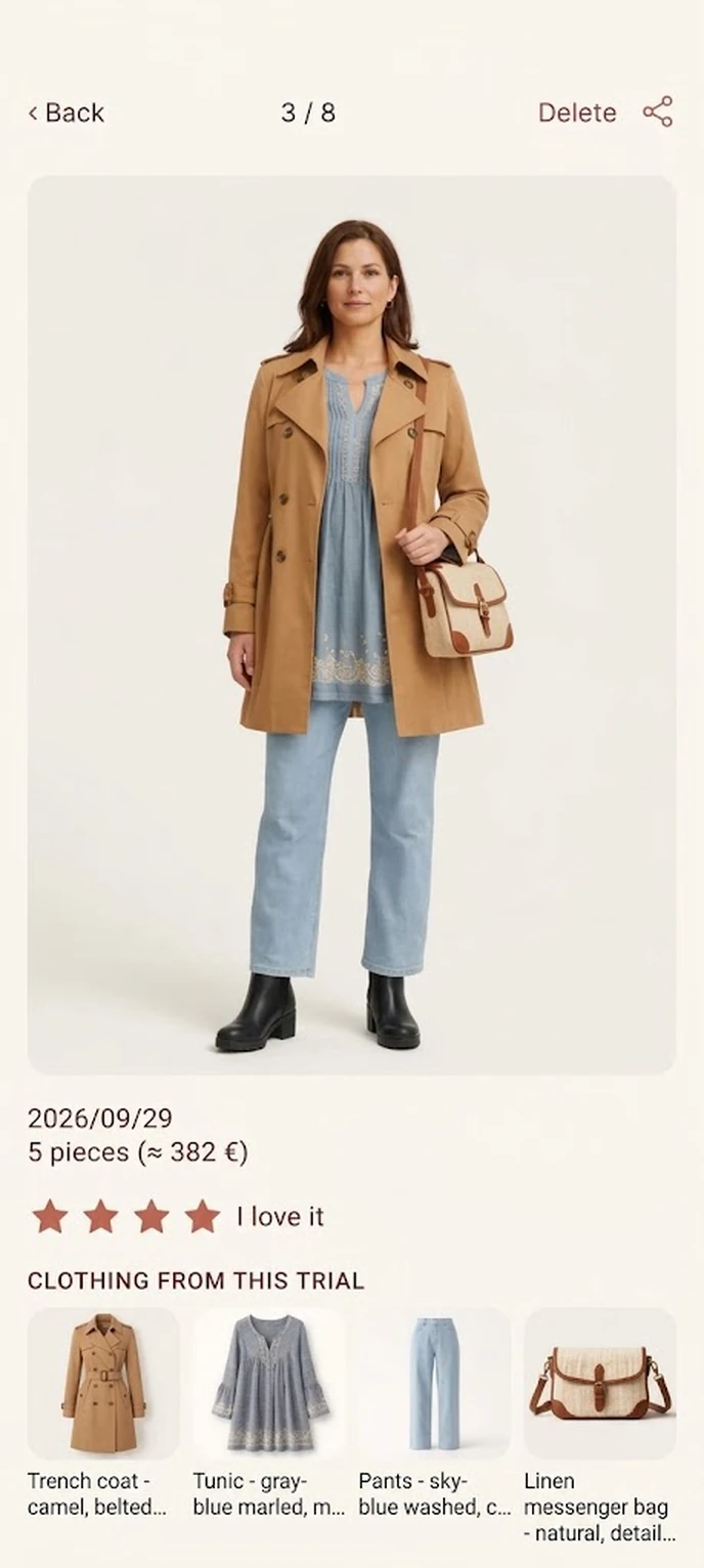 Try-on screen for a five-piece outfit in the Stylkyn app