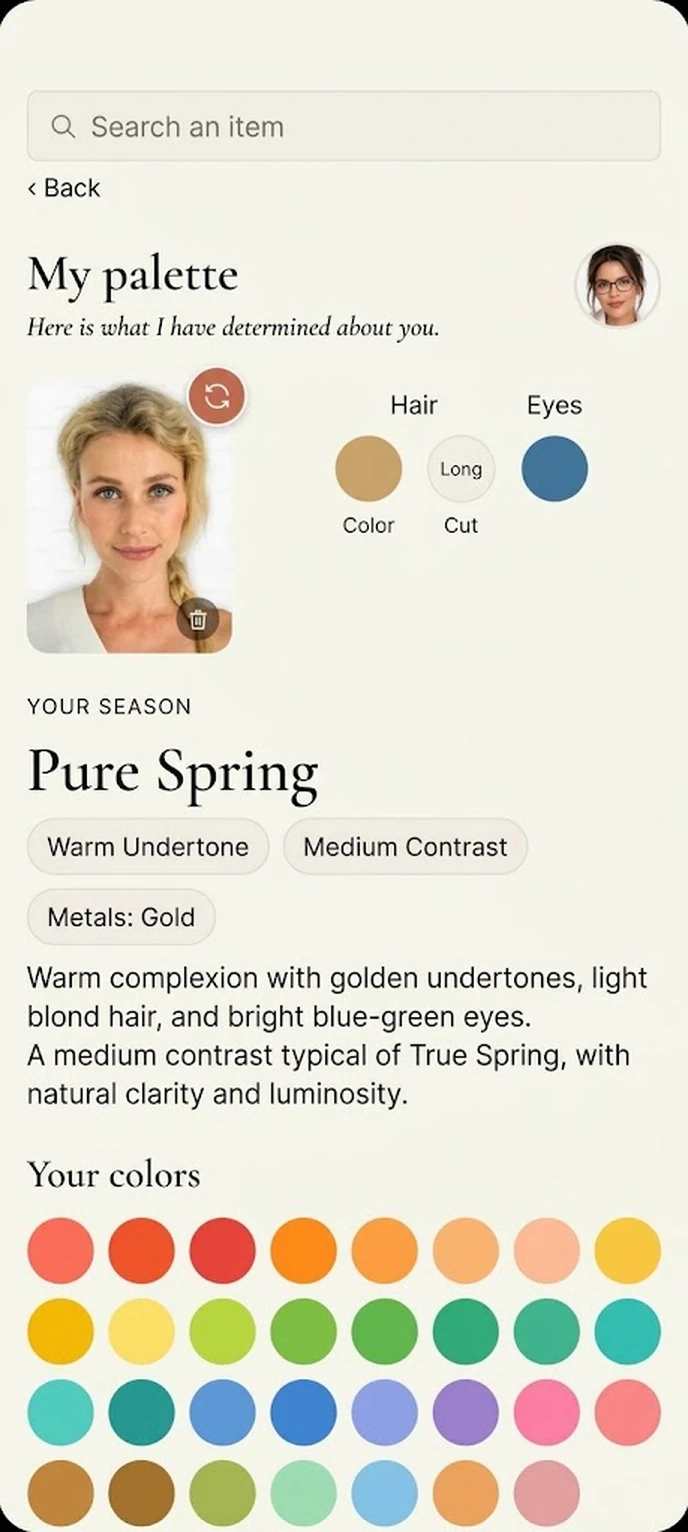 “My palette” screen in the app: True Spring season, warm undertone, medium contrast and colour palette