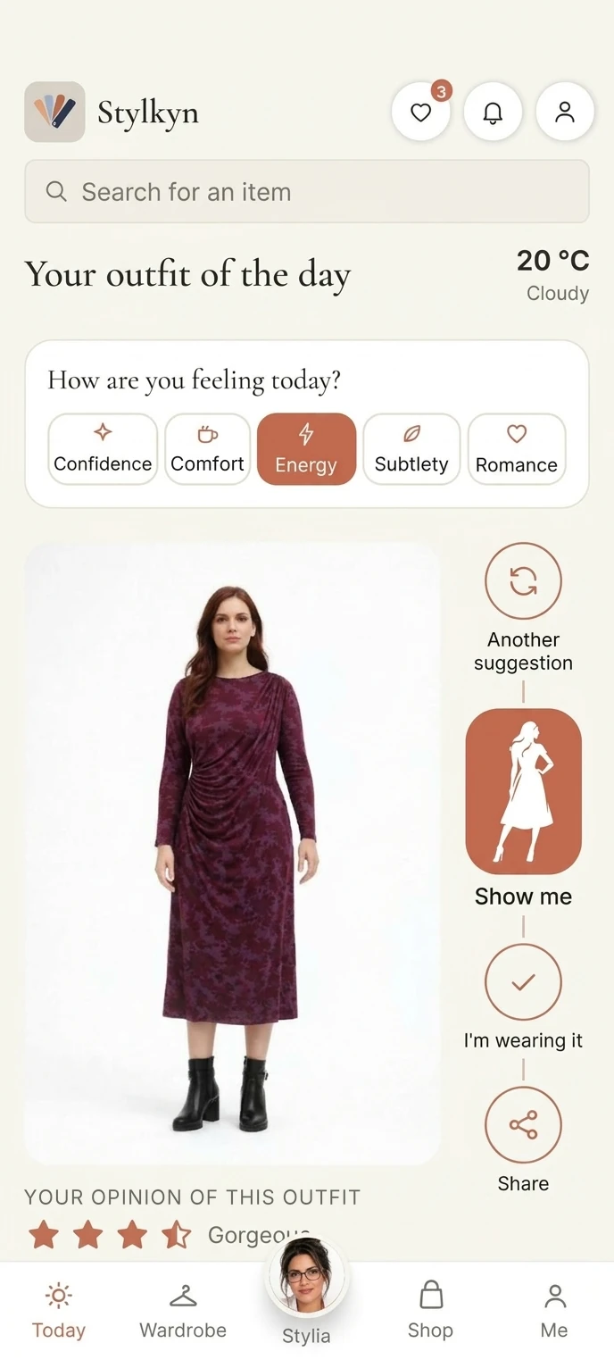 “Your outfit of the day” screen in the Stylkyn app