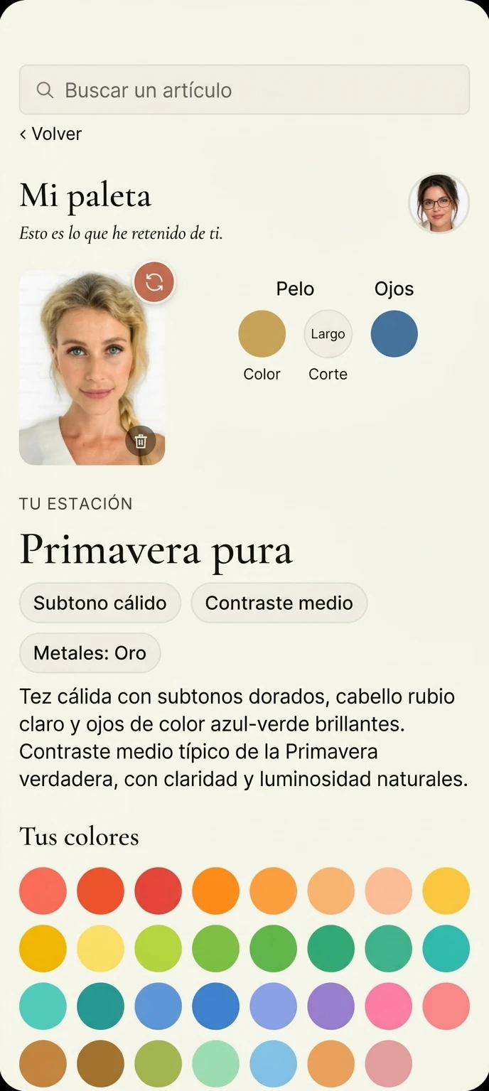 Pantalla «Mi paleta» de la aplicación: estación Primavera pura, subtono cálido, contraste medio y paleta de colores