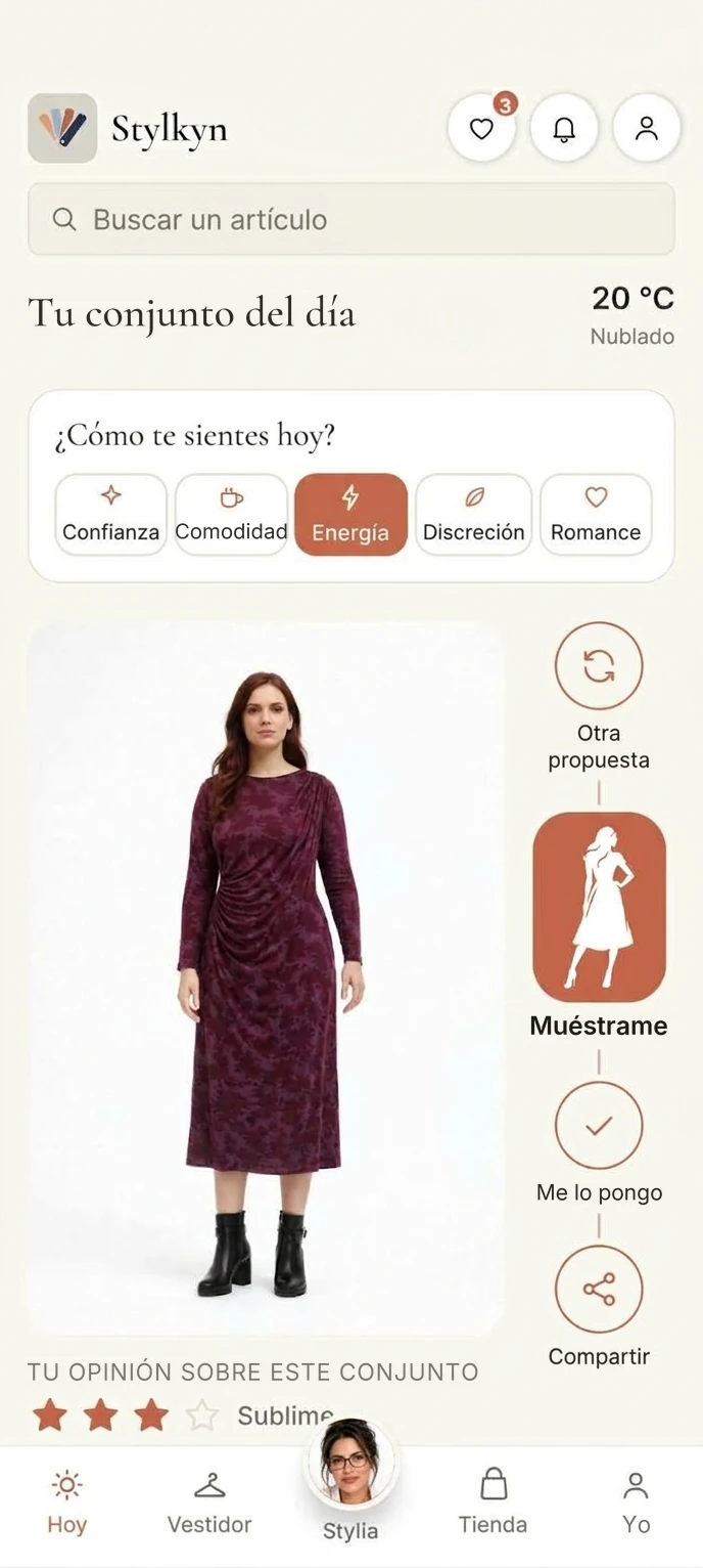 Pantalla «Tu conjunto del día» de la app Stylkyn