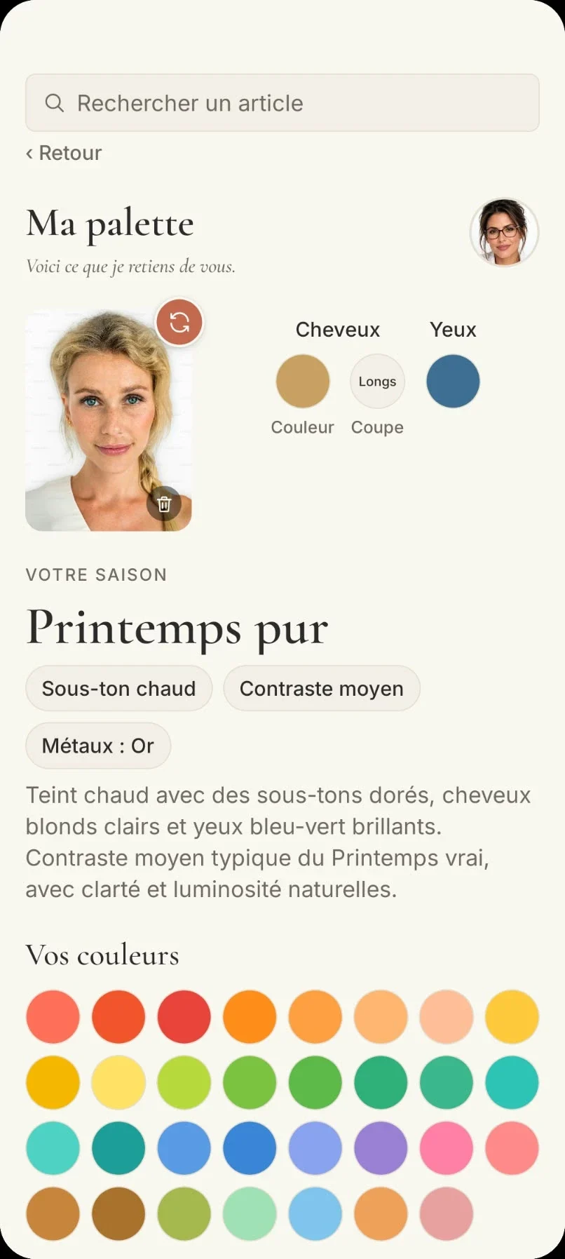 Écran « Ma palette » de l'application : saison Printemps pur, sous-ton chaud, contraste moyen et palette de couleurs