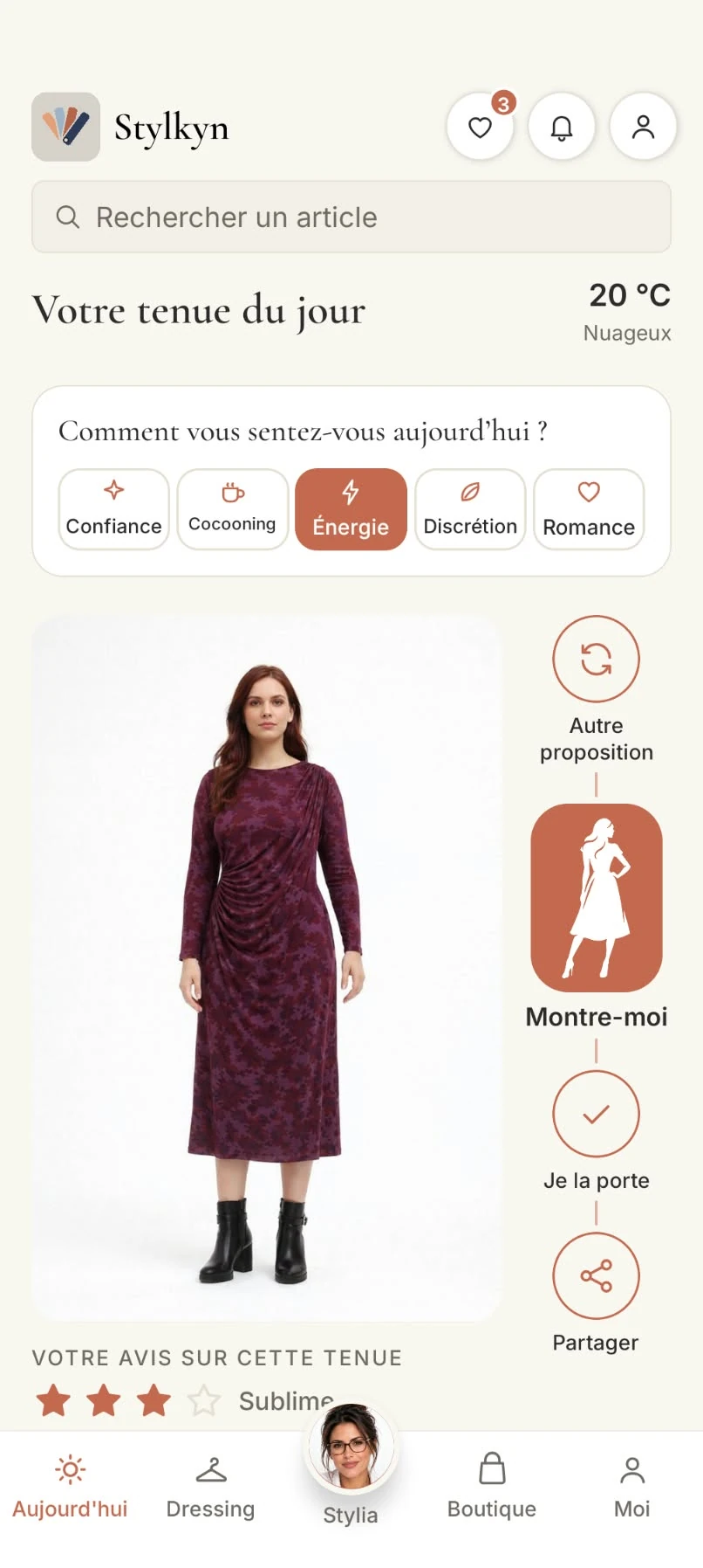 Écran « Votre tenue du jour » de l'application Stylkyn