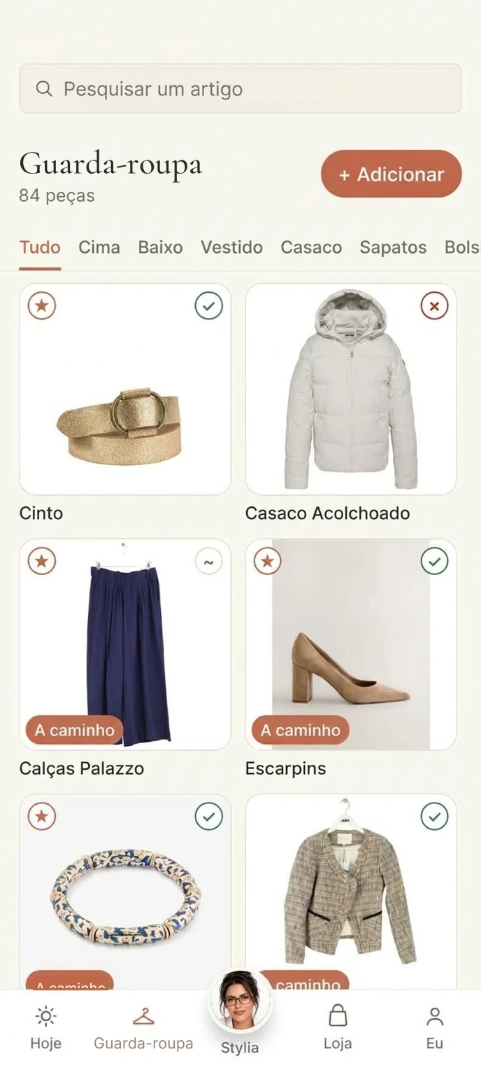 Tela “Guarda-roupa” do app Stylkyn: as peças do seu guarda-roupa