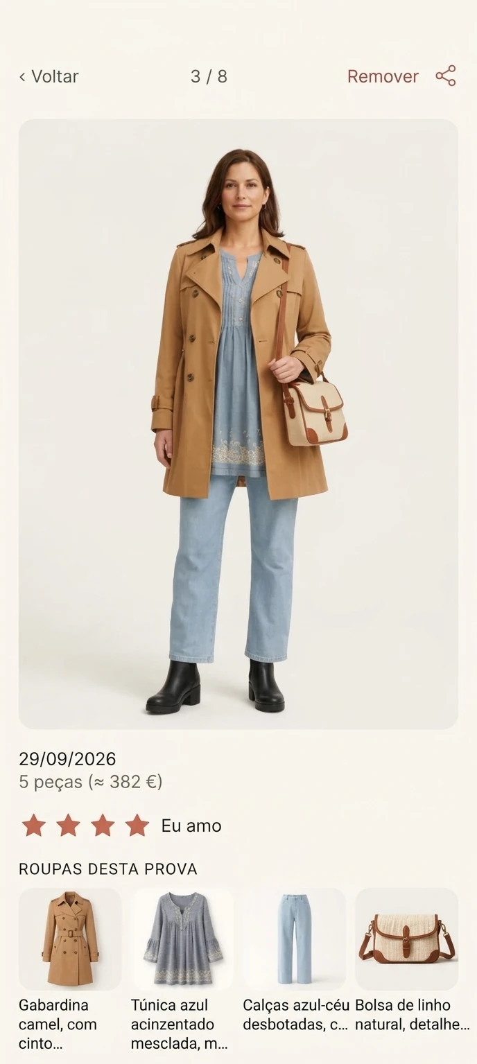 Tela de prova de um look de cinco peças no app Stylkyn