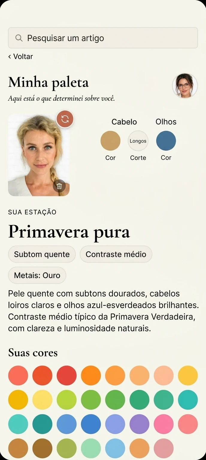Tela “Minha paleta” do app: estação Primavera pura, subtom quente, contraste médio e paleta de cores